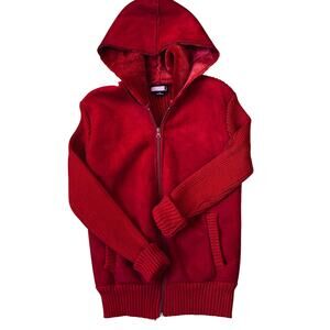Y2K Cherry Red Faux Suede Leather Jacket Hooded Knit Vintage Faux Fur